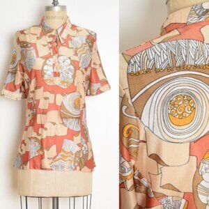vintage 70s disco shirt art nouveau print blouse top pointy dagger collar M